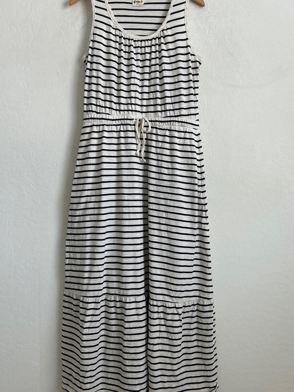 Pact Maxi Dress Medium Slub Cotton Sleeveless Racerback Striped Navy White - Picture 2 of 10